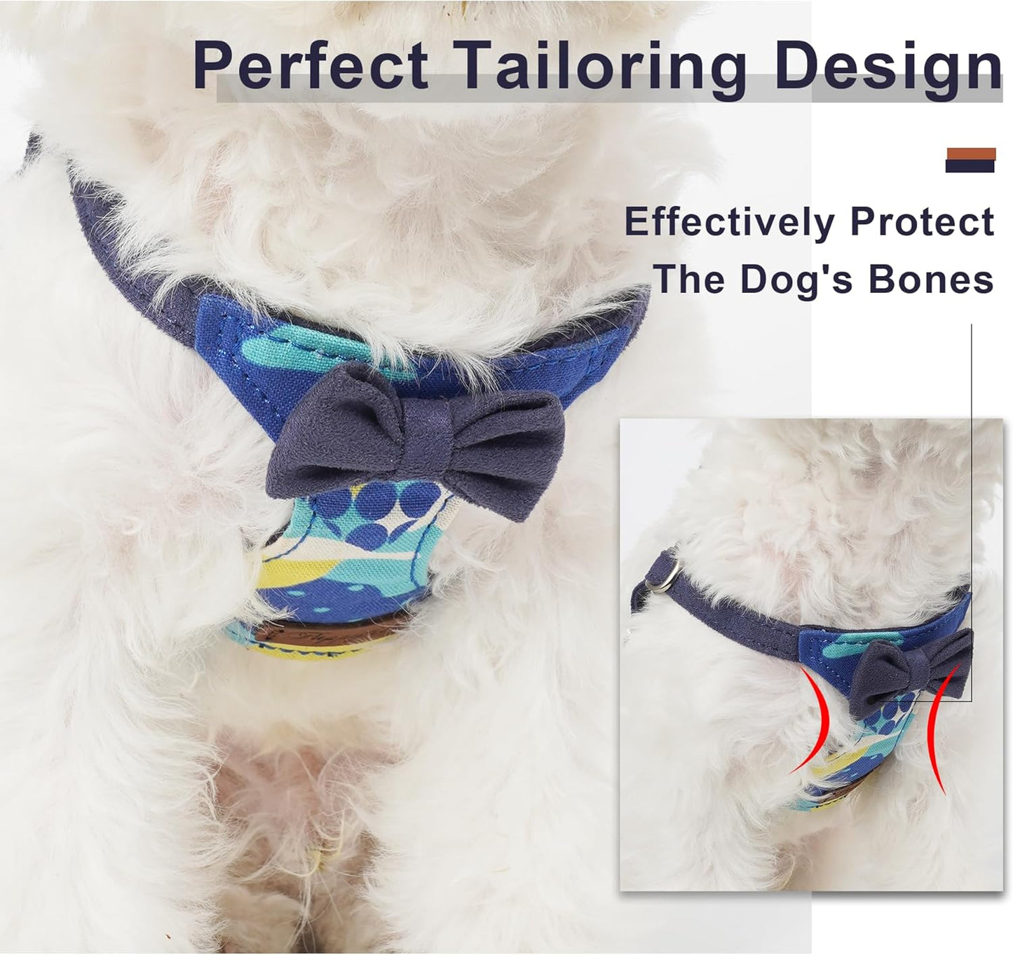 Puppytie No Pull Small Dog Harness with Multifunction Dog Leash,Lightweight Soft Adjustable No Choke Escape Proof Pet Harness Vest Pet Harness Vest,Suede Bow Navy,S