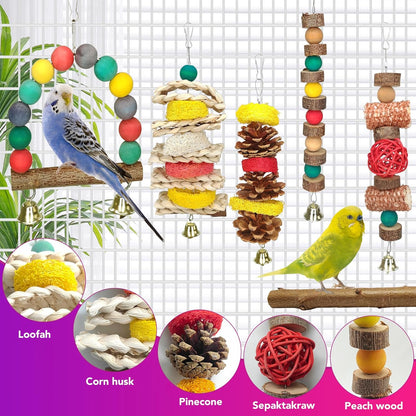 Natural Wood Bird Chew Toys, 7 Pack Hanging Parrot Cage Perch Stand for Parakeet, Cockatiel, Lovebird, Budgie