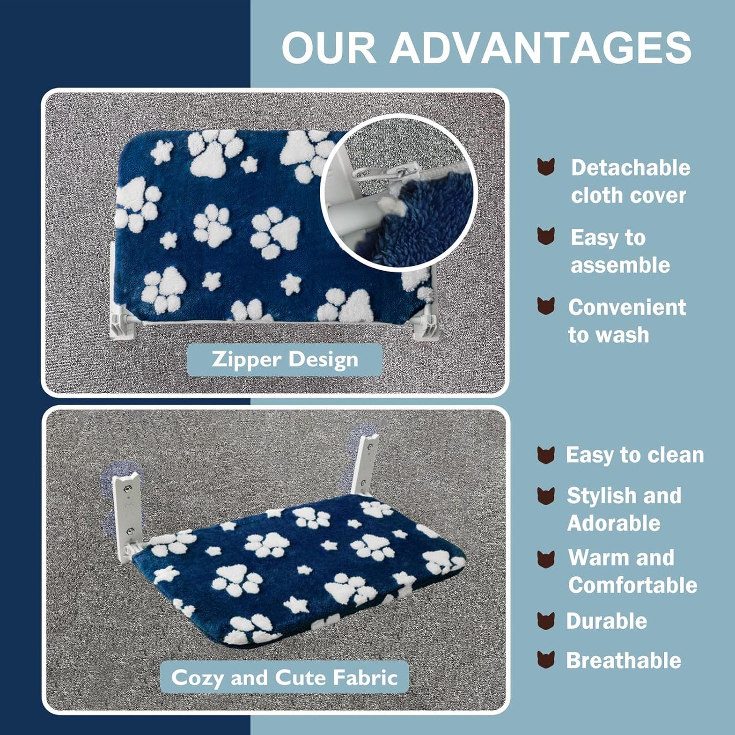 Cat Window Perch, Foldable Cat Window Hammock with Cute 3D Textured Flower Cover and Strong Suction Cups, Cordless Window Seat Bed for Indoor Cats (Navy Paw, Large)