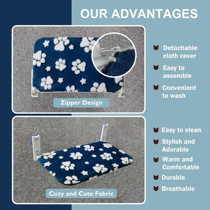 Cat Window Perch, Foldable Cat Window Hammock with Cute 3D Textured Flower Cover and Strong Suction Cups, Cordless Window Seat Bed for Indoor Cats (Navy Paw, Large)