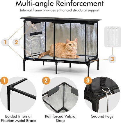 Heated Outdoor cat House for Outside, Weatherproof Insulated Feral Cat Shelter with Timer-Temp Control Heating Pad in Winter, Large Elevated Outdoor Cat House with Zipper, 2 Doors, Safety-Dark Gray