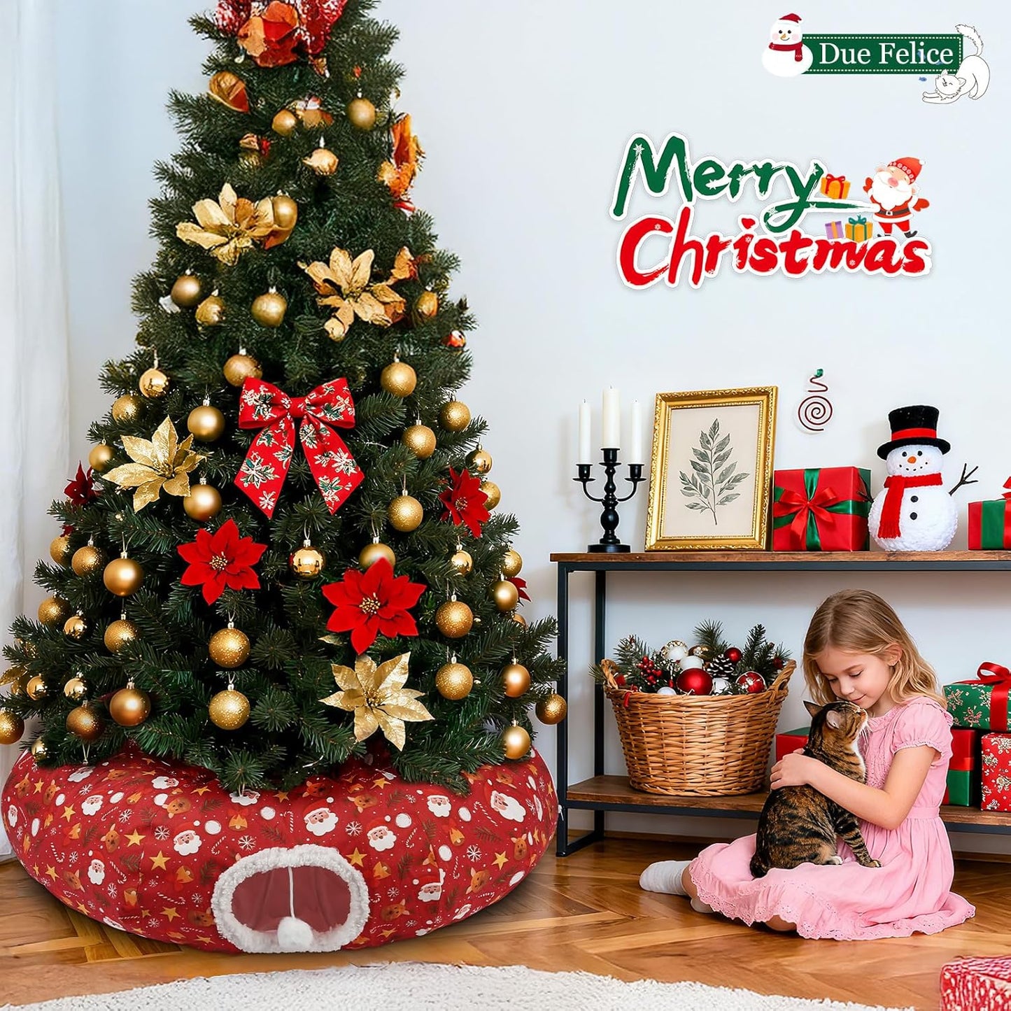 Cat Tunnel Christmas Tree Skirt Cat Tunnel Bed for Indoor Cats Play Donut Tunnel Toys S Shape for Rabbit Ferret (Red)