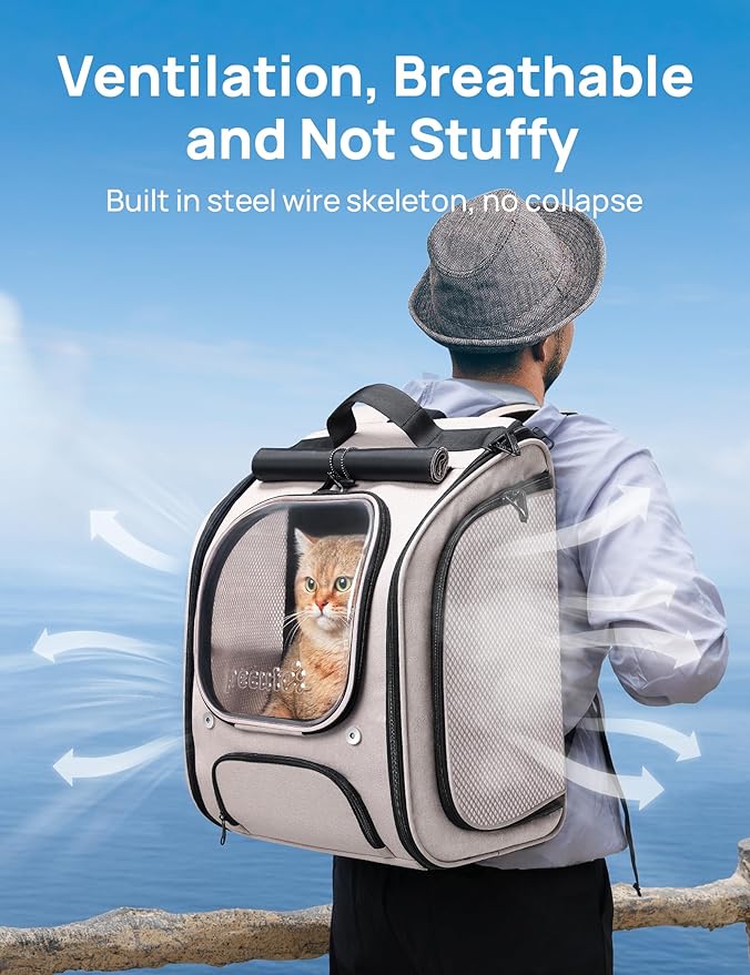 Pecute Cat Backpack Carrier, Large Space Cat Bubble Backpack, Breathable Cat Carrier, Shaded Dog Backpack Carrier, Ergonomic 3D Design for Travel, Hiking, Suitable for Shopping, and Vet, Khaki