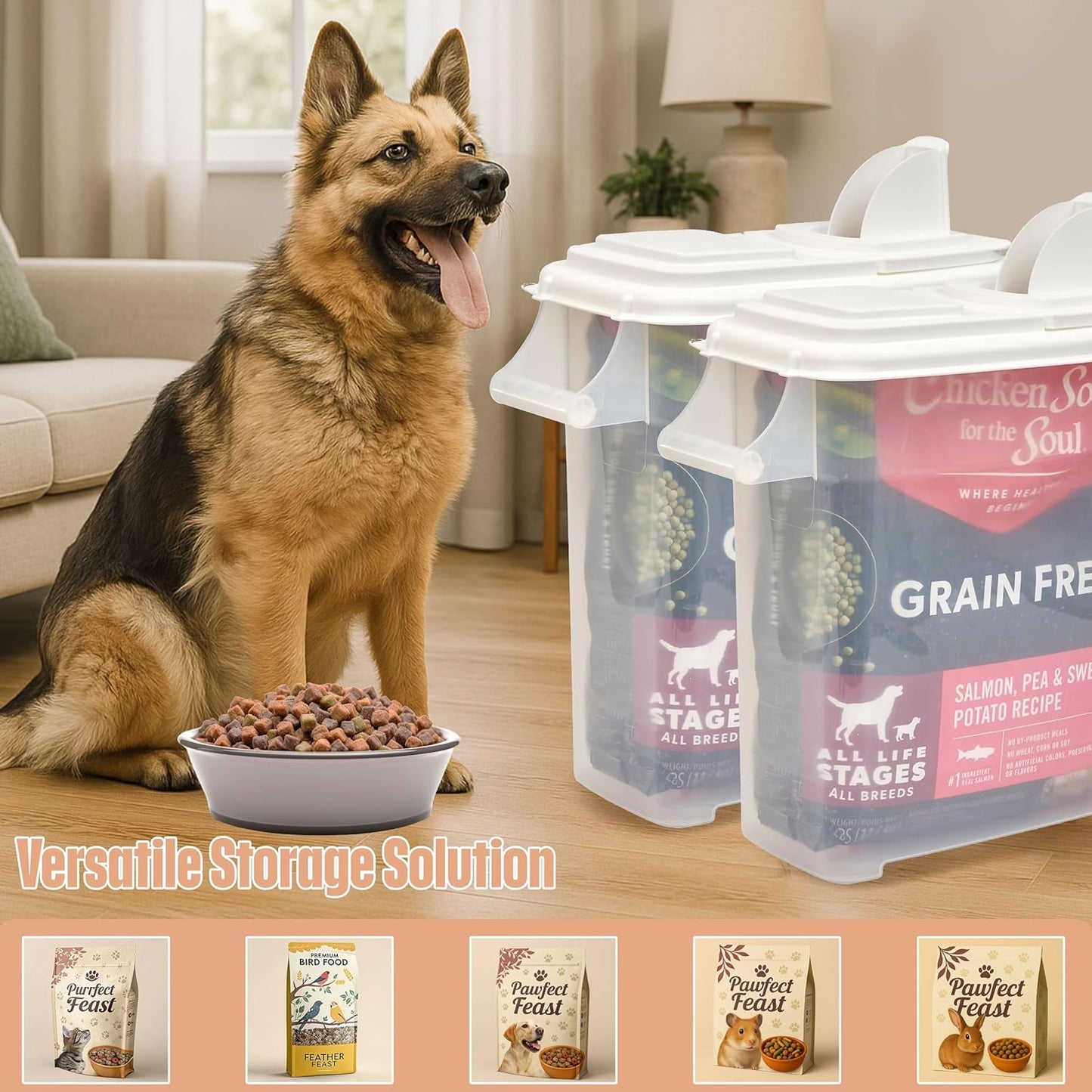 Buddeez Pet Food Storage Dispensers - Dog Food Storage Containers, Cat Food Containers, Bird Seed Containers w/Handle and Flip Lid, 8 Gallon(2 pack)