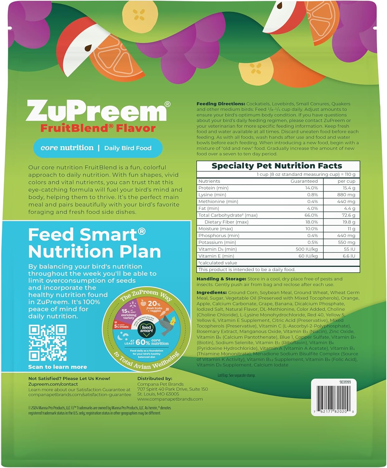 ZuPreem Smart Selects Daily Bird Food for Parakeet, Budgie, Parrotlet, Dove, Bird Pellets and Seed Blend, Core Nutrition for Small Birds, Made in USA, Parakeet Food, Budgie Food (S, 2 lb) (Pack of 2)