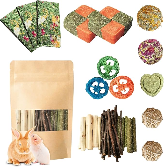 50-60pcs Bunny Chew Toys for Rabbits Teeth, Natural Rabbit Toys Apple Wood Sticks, Carrot, Timothy Grass Treats for Small Pets, Hamster, Chinchilla, Guinea Pig (50-60Pcs Rabbit Treats)