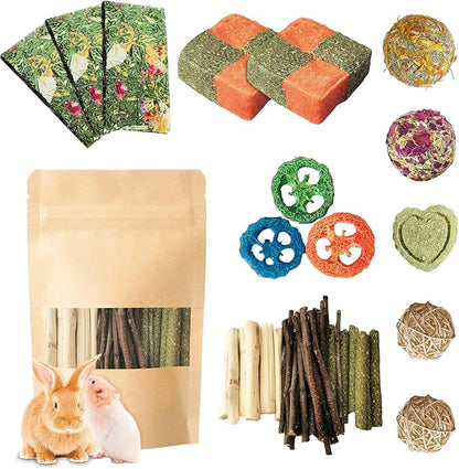 50-60pcs Bunny Chew Toys for Rabbits Teeth, Natural Rabbit Toys Apple Wood Sticks, Carrot, Timothy Grass Treats for Small Pets, Hamster, Chinchilla, Guinea Pig (50-60Pcs Rabbit Treats)