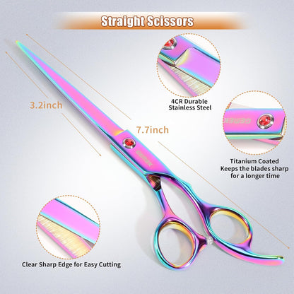 7.0in Titanium Professional Pet Grooming Scissors Set, GEMEK 6 in 1 Straight & Thinning & Upwards Curved & Downwards Curved Scissors & Comb for Dogs, Cats (Rainbow)