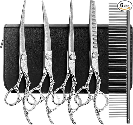 Dog Grooming Scissors,Silver with Safety Round Tips,5 in 1 Curved Dog Scissors for Grooming,Professional Pet Grooming Shears Set for Dogs and Cats