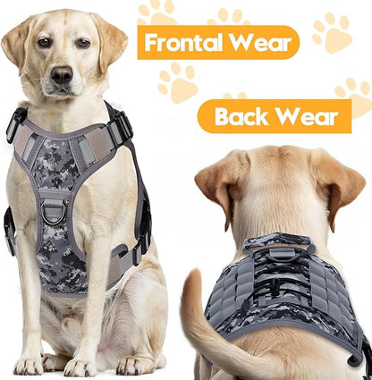 Heavy-Duty Tactical Dog Harness for Large Dogs, No Pull Adjustable Reflective Pet Vest with Molle System, K9 Military-Grade Control for Service Training, Outdoor & 10+ Breeds, Gray Camo, XX-Large