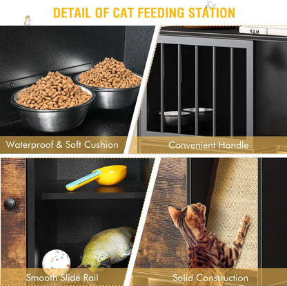 Dog Proof Cat Feeding Station, Cat Feeding Station with Scratching Board, Raised Bowls for Indoor Cats, Elevated Food Bowls with Stand, Vintage Black Furniture