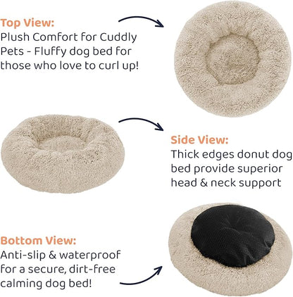 Donut Dog Bed - Premium Comfort for Anxiety Relief - Fluffy & Calming Design with Ultra-Plush Support | Cozy Round Dog Bed with Super Soft Circle Style (Size M Beige)