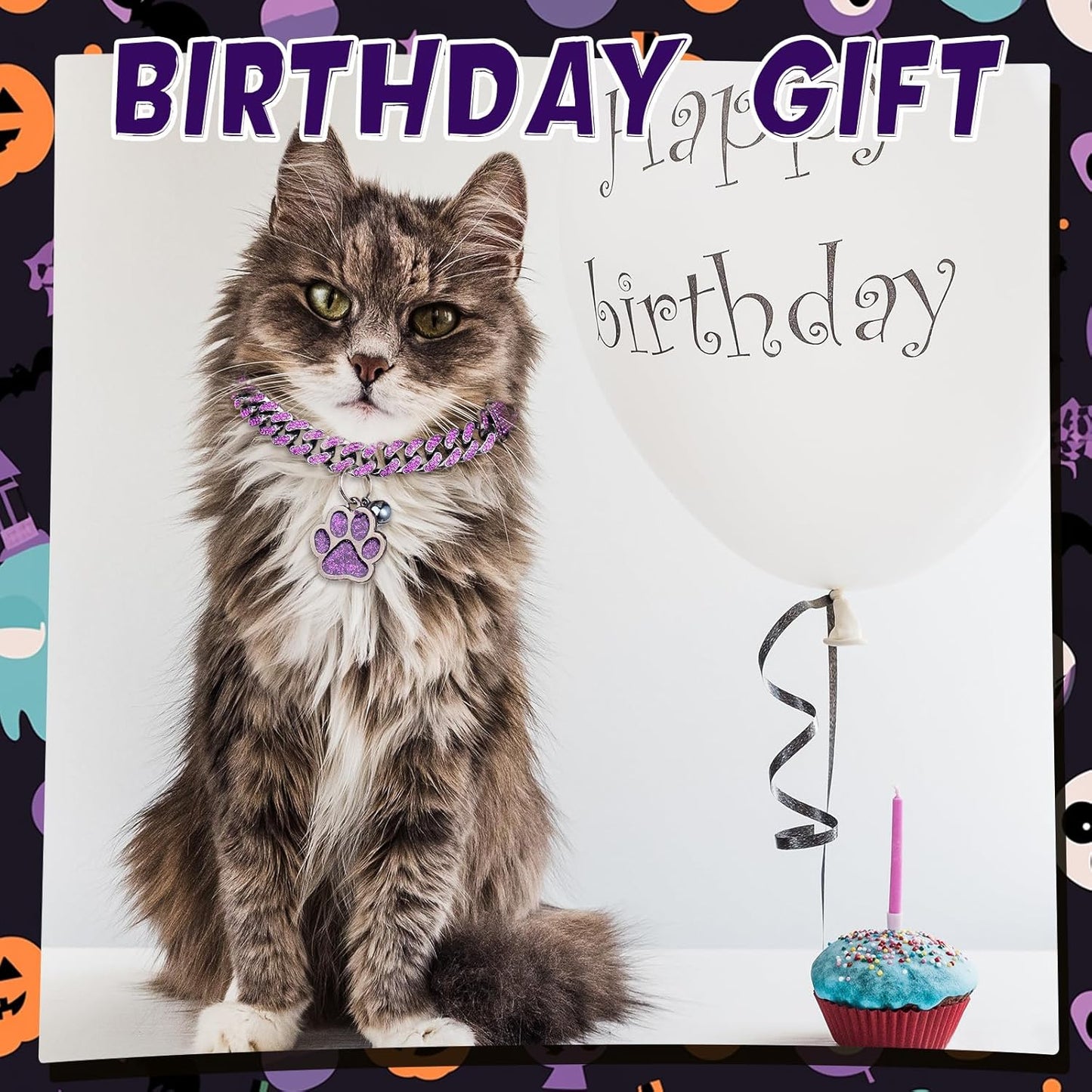 Hillban Cat Collar Diamond Chain Glitter Collar Walking Metal with Secure Buckle Cat Pet Necklace with Paw Charm and ID Tag Bell Link Cuban Jewelry Accessories(10 Inch,Steel Black, Purple)