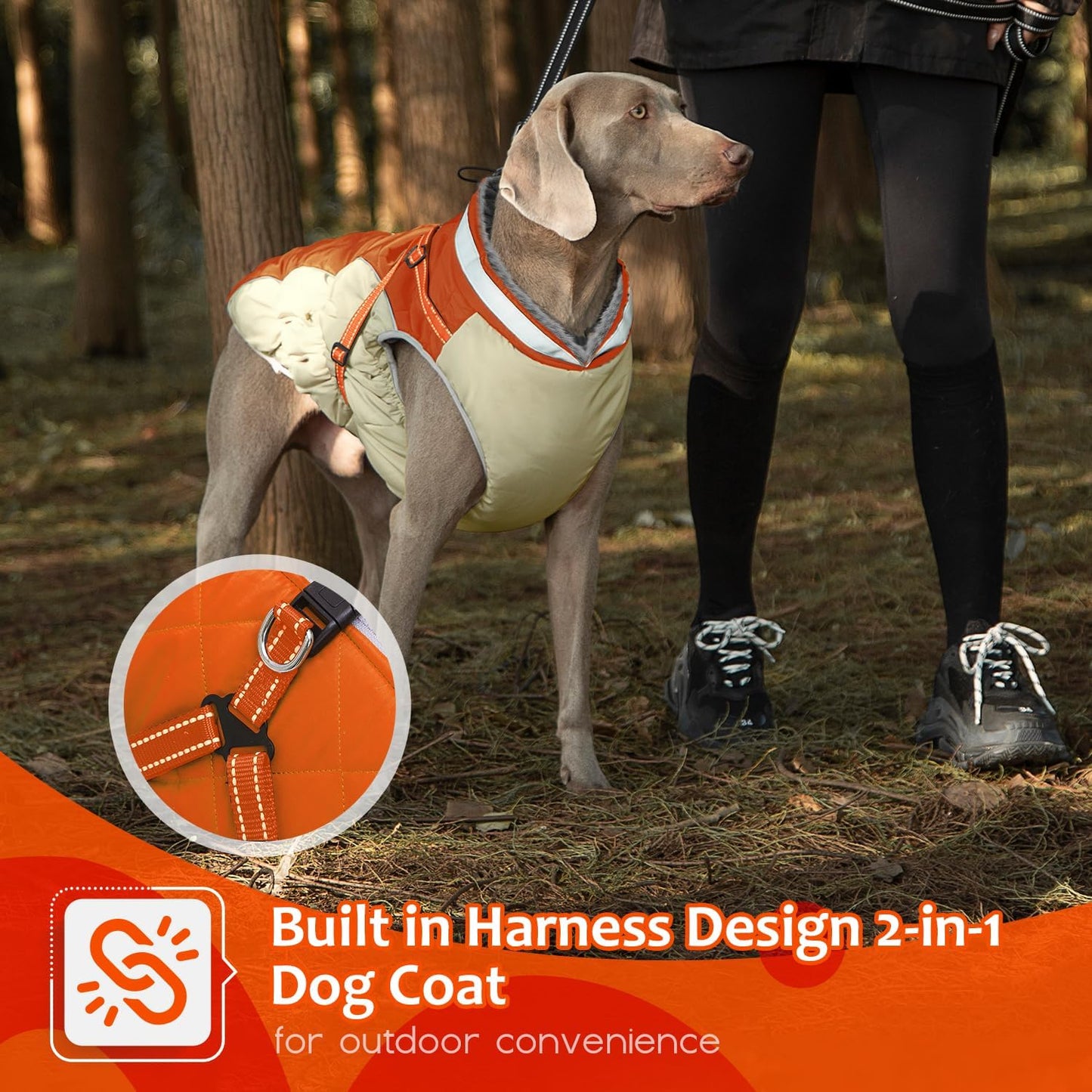 Dog Winter Coat with Harness, Dog Jacket, Pet Clothes with Zipper on Back, Waterproof Windproof Warm Vest, Reflective Cold Weather Coats, for Small Medium Large Dogs, Thick, Orange, XS