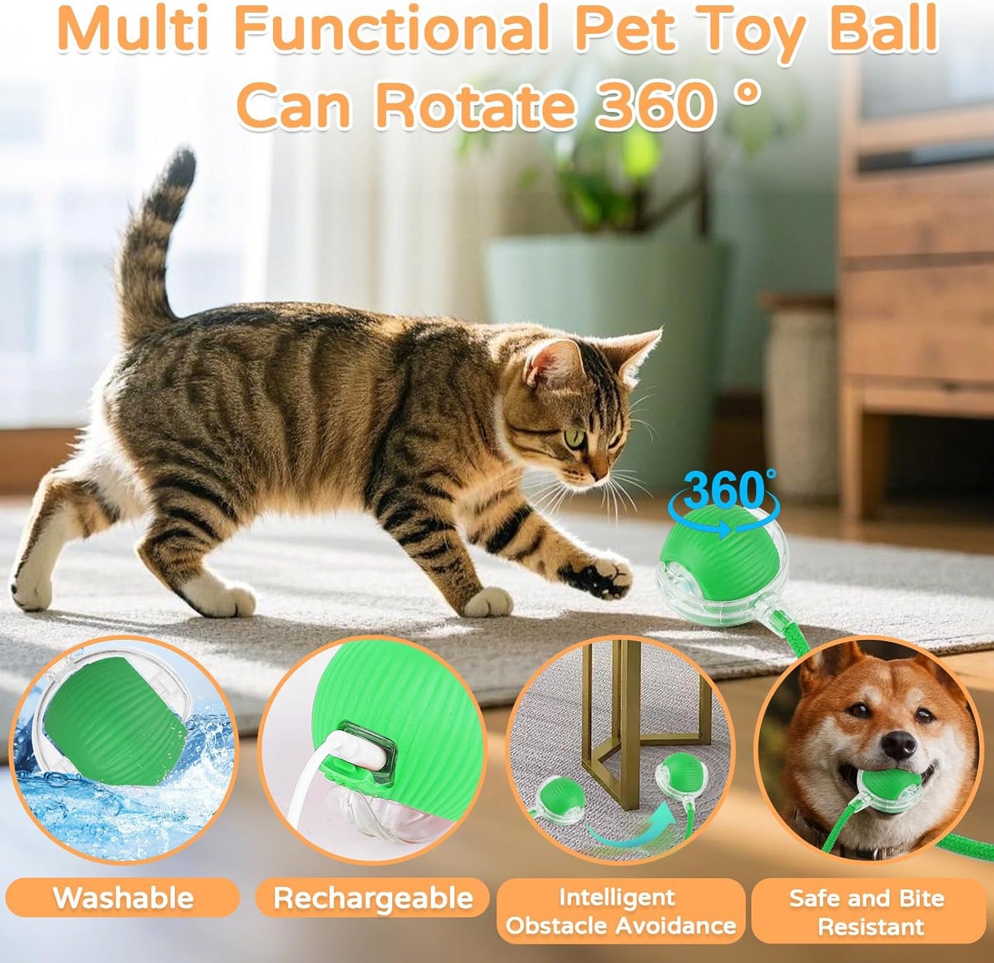 2025 New 1Pack Cat Ball Kitten Toys for Indoor Interactive Kitty Ball Toy Speedy Tail 360° Automatic Rolling(Green)