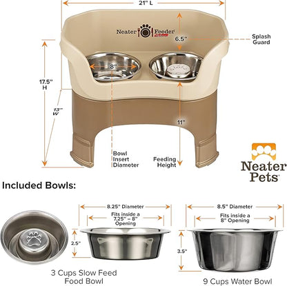 Neater Feeder Deluxe Mess Proof Dog Bowls Elevated for Large Breeds – Made in USA – No Spill Raised Slow Feeder Elevated Dog Bowl Stand w/Leg Extensions, Food and Water Bowl Set, Cappuccino