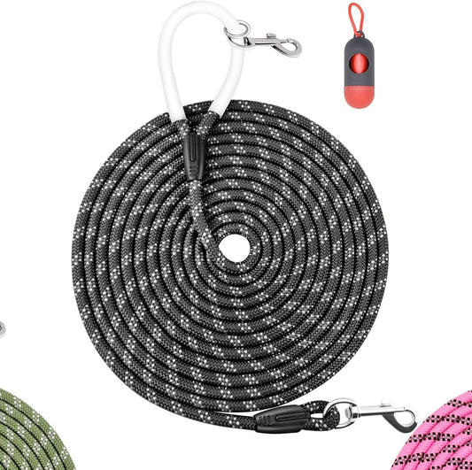 Nylon Dog Leash 6FT 10FT 20FT 30FT Diameter 2/5 Inch with Comfortable Silicone Handle Highly Reflective No Tangle for Medium Large Dogs Outside Walking Camping Backyard. (Black, 10FT * 2/5Inches)