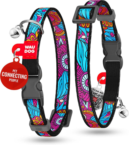 WAUDOG Nylon Cat Collar with Removable Bell and QR ID Tag for Small, Medium and Large Breeds Adjustable Long Lasting Durable Kitten Collars Boy & Girl