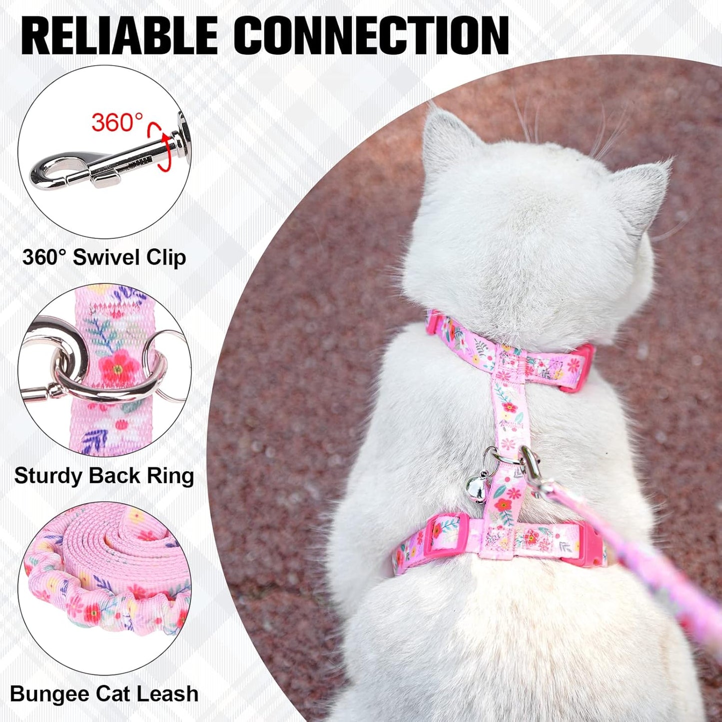 BEAUTYZOO Cat Harness and Leash Set Escape Proof for Walking, Kitten Soft Adjustable Vest Harnesses for Small Medium Large Cats, Easy Control Breathable Plaid Ribbon Nylon for Outdoor Indoor Use