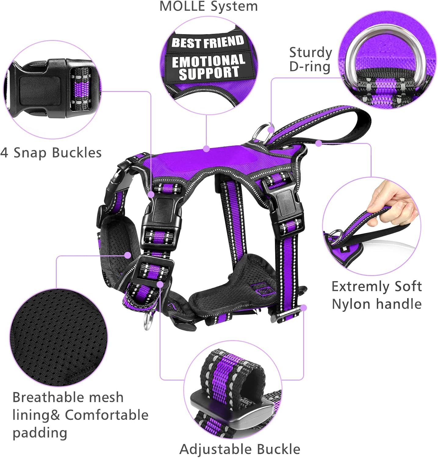 WINSEE Pet Harness Collar and Leash Set, All-in-one Reflective Dog Harness No Pull with Adjustable Buckles for Puppies, Small, Medium, Large, and Extra-Large Dogs (Large, Purple)