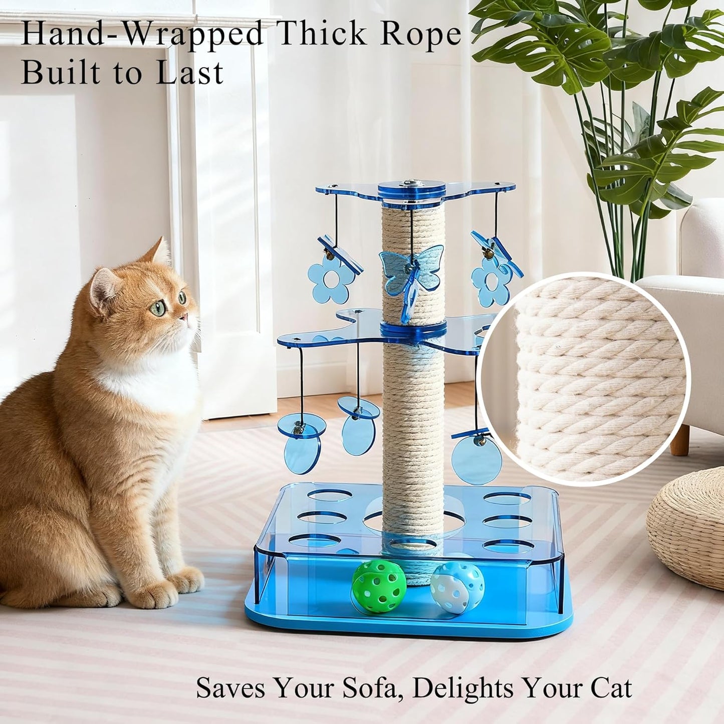 Modern 3-in-1 Interactive Cat Toy with Scratching Post, Cat Puzzle Toys for Indoor Cats with Colorful Jingle Balls, 2-Layer Spinning Teaser Disc with Dangling Toys, Acrylic, Blue