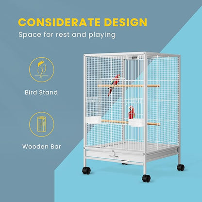 VIVOHOME 30 Inch Height Wrought Iron Bird Cage with Rolling Stand for Conures Lovebirds Cockatiels Finches, White