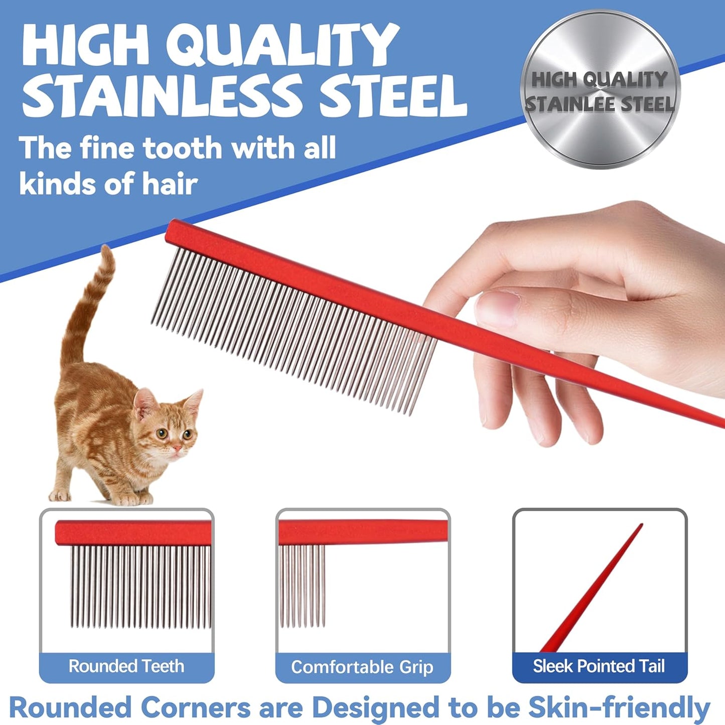 Grooming Pet Comb Rat Tail Dematting Cat and Dog Comb，Rounded Ends Design for Safe Tangle Removal, Hairstyling, Massage，Loose Hair Removal，Prevent Irritation，Fluffing Paws,Face,Tail,Remove Tear Stain