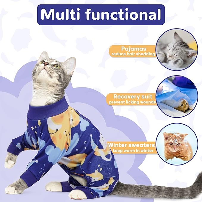 PUMYPOREITY Cat Recovery Suit, Stops Wound Licking After Surgery, Sticky Hair Shirt with Sticky Fabric, Cat Pajamas Prevents Over-Grooming, Kitten Onesie - Soft & Machine Washable, Blue, S