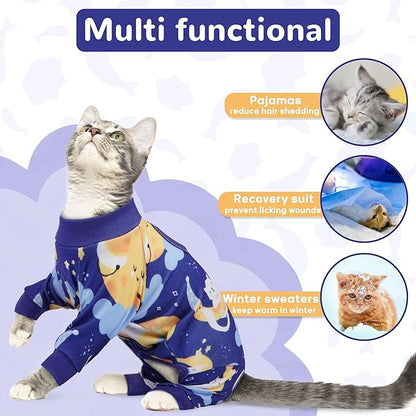 PUMYPOREITY Cat Recovery Suit, Stops Wound Licking After Surgery, Sticky Hair Shirt with Sticky Fabric, Cat Pajamas Prevents Over-Grooming, Kitten Onesie - Soft & Machine Washable, Blue, S