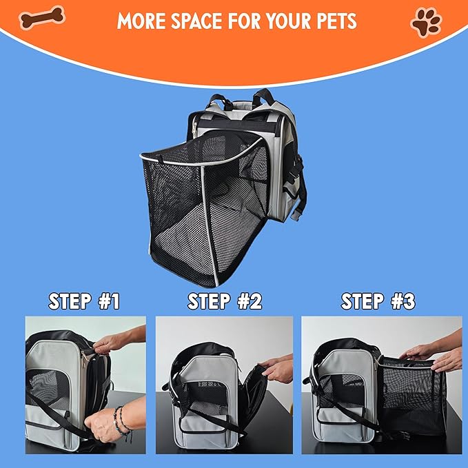 Expandable Pet Backpack Carrier – Dog & Cat Travel Bag with 4-Way Entry, Mesh Windows, Storage Pockets, Secure Zippers, Washable Cushion, Bonus 2 Collapsible Pet Bowls