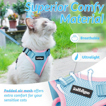 rabbitgoo Cat Harness and Leash for Walking, Escape Proof Soft Adjustable Vest Harnesses for Cats, Easy Control Breathable Reflective Strips Jacket, Light Blue&Pink, XS