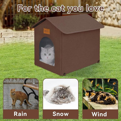 Outdoor Cat House for Shelter Feral Cat, Outside Waterproof Cat House for Outdoor/Indoor Cats, Insulated Cat Bed for All Seasons with Cozy Cushion (Brown, Zip Style)