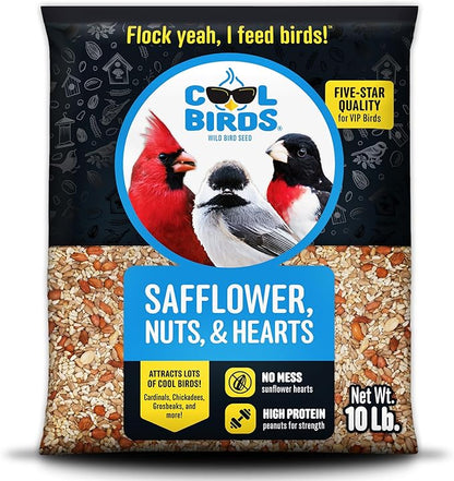 Safflower, Nuts & Hearts Wild Bird Seed – 10 lb. Gourmet Bird Food with Safflower, Sunflower Hearts & Peanuts – No Corn, Milo or Millet, No Waste Bird Food for Outside Feeders