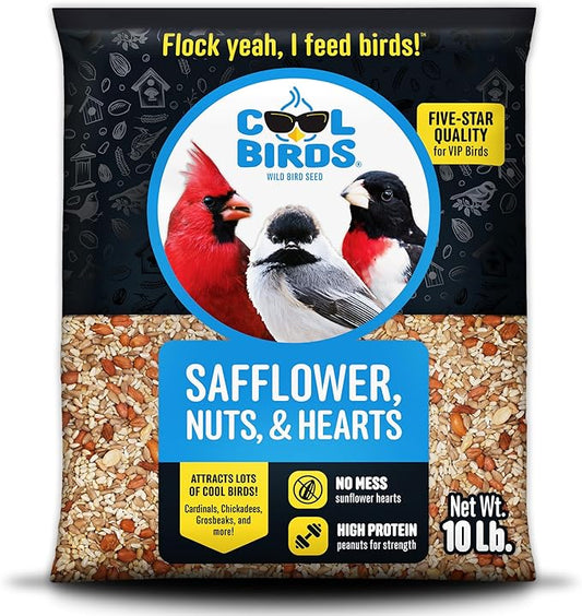 Safflower, Nuts & Hearts Wild Bird Seed – 10 lb. Gourmet Bird Food with Safflower, Sunflower Hearts & Peanuts – No Corn, Milo or Millet, No Waste Bird Food for Outside Feeders