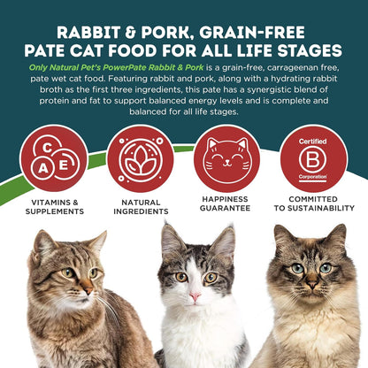 Only Natural Pet PowerPate Grain-Free Rabbit & Pork Wet Cat Food - High Protein, with Hydrating Broth - Healthy Balanced Nutrition for Kittens & Cats of All Life Stages, 2.75 oz Cans, Case of 12 (R)