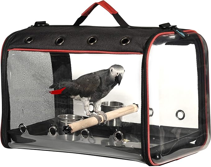 Colorday Lightweight Bird Carrier for Travelers, Bird Travel Cage with Parrot Feeder Cups & Standing Perch and Tracy (Large 19 x 12 x 13 inch, Black)