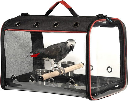 Colorday Lightweight Bird Carrier for Travelers, Bird Travel Cage with Parrot Feeder Cups & Standing Perch and Tracy (Large 19 x 12 x 13 inch, Black)