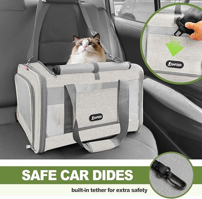 Cat Carrier American Airline Approved 18x11x11, Top Opening Sturdy Soft Pet Carrying Bag See Through, Mini Dog Hard Bottom Crate Kennel Case, 4-Side-Ventilation Mesh Cage Toy Poodle Biege