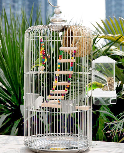 Hamiledyi Automatic Bird Feeder No Mess Bird Cage Feeder Seed Food Container with Perch Transparent Parrot Cage Accessories for Parakeets, Budgies, Cockatoos, Finches, Lovebirds, Canaries (White)