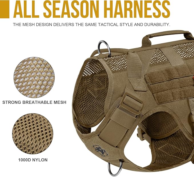 OneTigris No Pull Tactical Dog Harness for Medium Dogs, Aire Mesh Dog Vest Harness, Breathable Military Dog Molle Vests with Handles, Service Dogs Vest for Walking Hiking Training (L, Brown)
