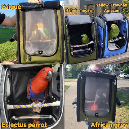Birds Day Bird Carrier Backpack-Parrot Travel Cage with 2PCS Perch and Food Bowl, Stainless Steel Tray (Charcoal Gray)