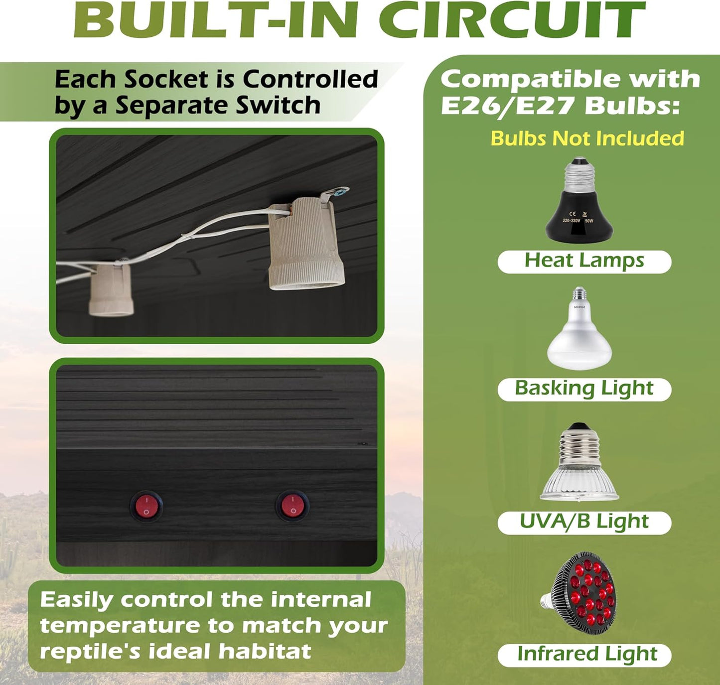 Royxen Tempered Glass Bearded Dragon Tank,24 Gallon Reptile Tank with Leg Stand,Built-in Lighting Reptile Enclosure Scartch-Proof Bearded Dragon Encloure for Chameleon,Snake(Black,24"x 16"x 16")