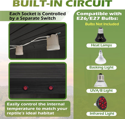 Royxen Tempered Glass Bearded Dragon Tank,24 Gallon Reptile Tank with Leg Stand,Built-in Lighting Reptile Enclosure Scartch-Proof Bearded Dragon Encloure for Chameleon,Snake(Black,24"x 16"x 16")