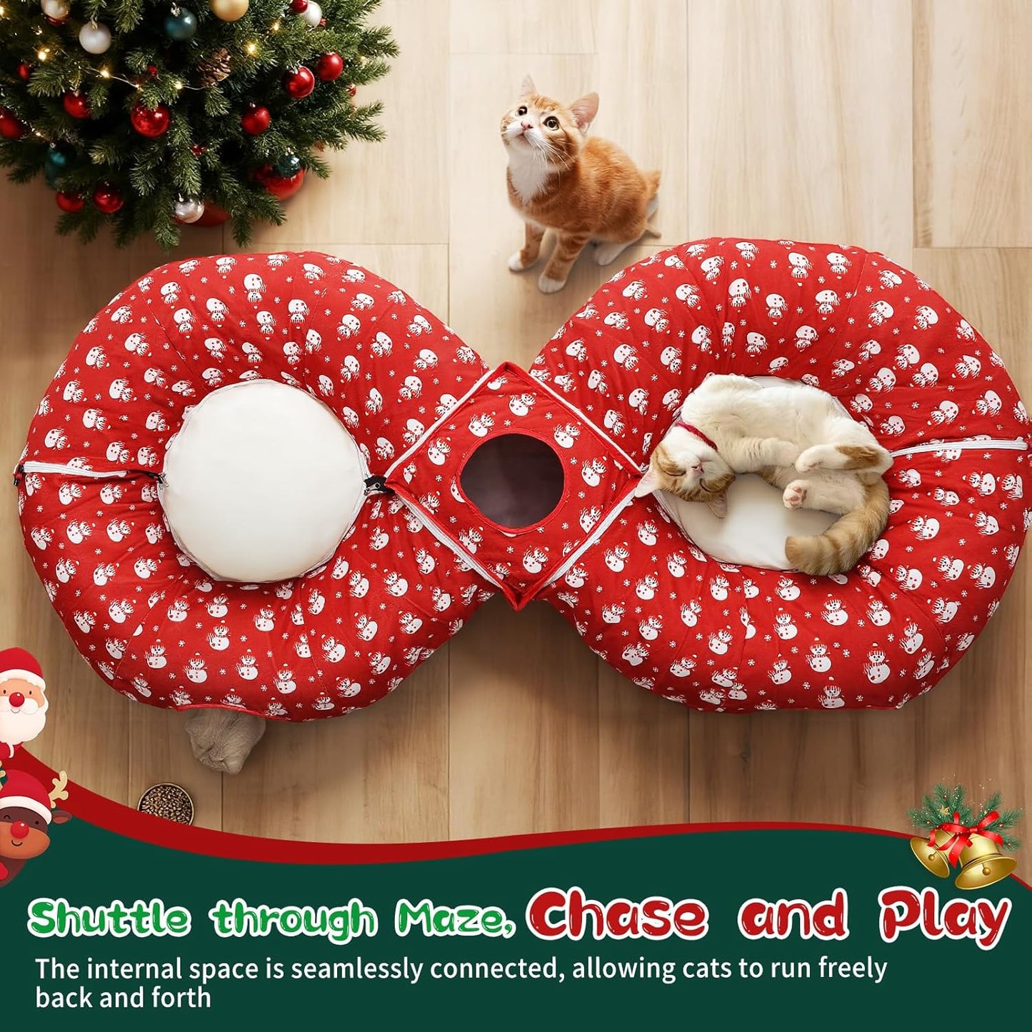 Pawaboo 2-in-1 Cat Tunnel Bed for Indoor Cats, 8-Shaped Large Cat Tunnels with Plush Cushions, Foldable Cats Cave Hideout Kitty Toys with Fluffy Balls, Donut Tunnel for Kitten Rabbit Ferret, Red