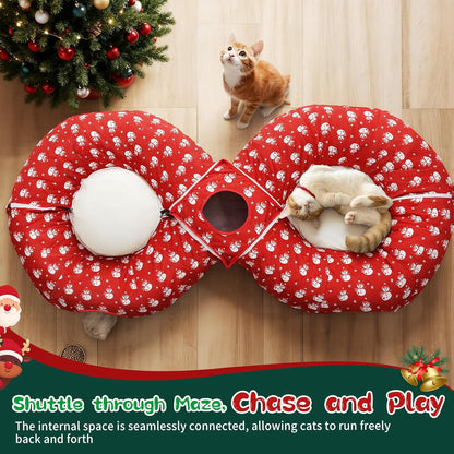 Pawaboo 2-in-1 Cat Tunnel Bed for Indoor Cats, 8-Shaped Large Cat Tunnels with Plush Cushions, Foldable Cats Cave Hideout Kitty Toys with Fluffy Balls, Donut Tunnel for Kitten Rabbit Ferret, Red
