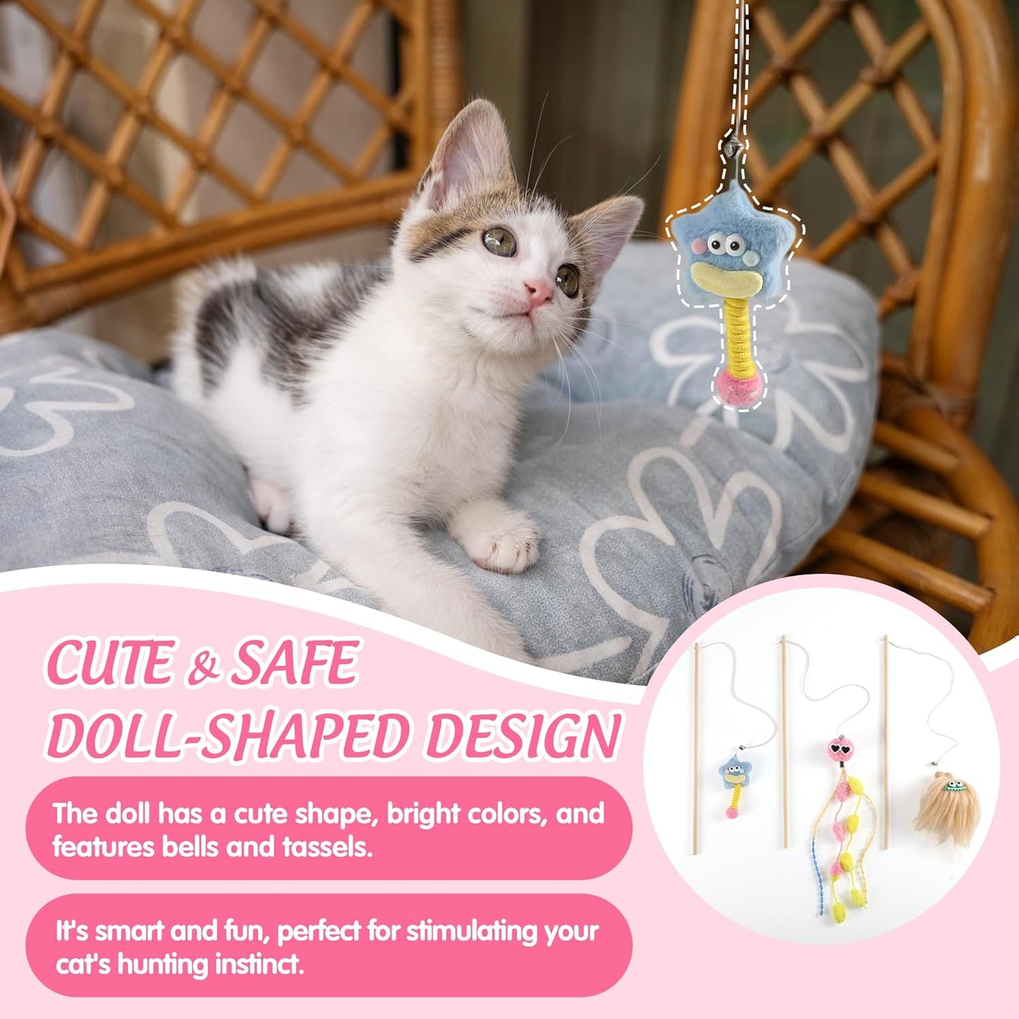 Elastic Cat Wand Toy Funny Interactive Plush Cat Fishing Pole Toy with Bell Soft Natural Wood Kitten String Toys for Indoor Cats Kittens Bored Cats (3 Pack)