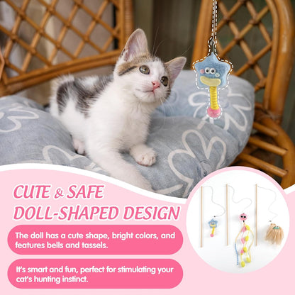 Elastic Cat Wand Toy Funny Interactive Plush Cat Fishing Pole Toy with Bell Soft Natural Wood Kitten String Toys for Indoor Cats Kittens Bored Cats (3 Pack)