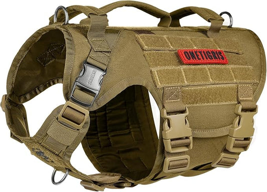 OneTigris Large Tactical Dog Harness, No Pulling Adjustable Dog Vest Harness, Heavy Duty Dog Harness with Handle, Large Hook and Loop Panels for Patch(Brown,S)