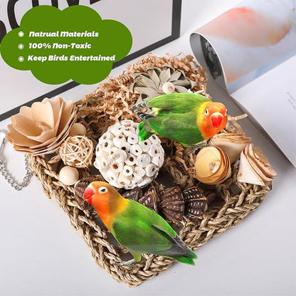 Bird Foraging Wall Toy, Seagrass Woven Climbing Hammock Mat with Chewing Toys,Parrot Shredding Hanging Toys for Cockatiel Lovebird Parakeet Budgie Small-Medium Birds (Small)
