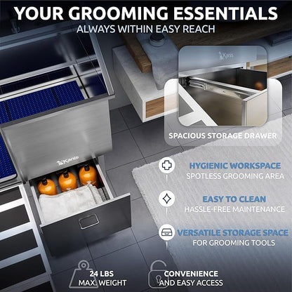 KANIS Professional Dog Washing Station - 304 Stainless Steel Pet Wash Sink & Grooming Bathtub w/Shower, Floor Grates and Storage for Large, Medium & Small Pets (50", 1 Drawer - Left Ramp)